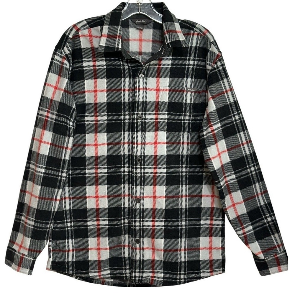 Eddie Bauer Fleece Shirt Men Black White Red Plaid Long Sleeve Lumberjack Fall M